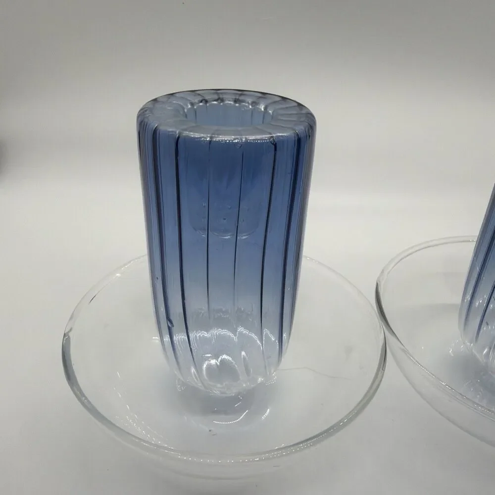 Anthropologie Calle Collection Blue Ribbed Candle Holders Pair